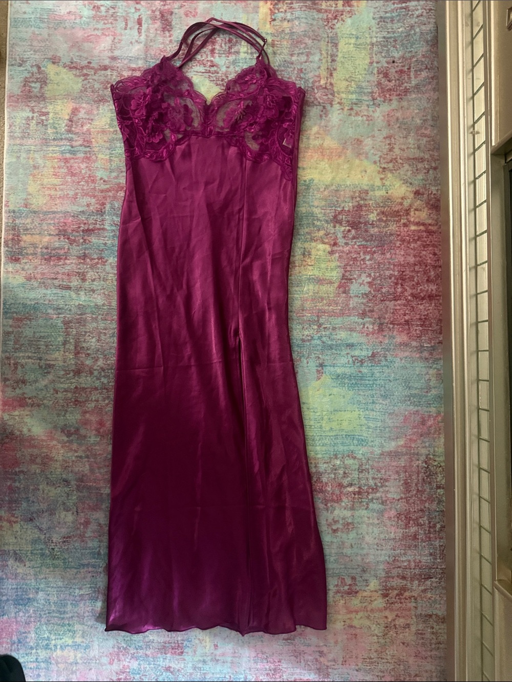 Frederick's of Hollywood Magenta Lace-Trim Satin Slip
